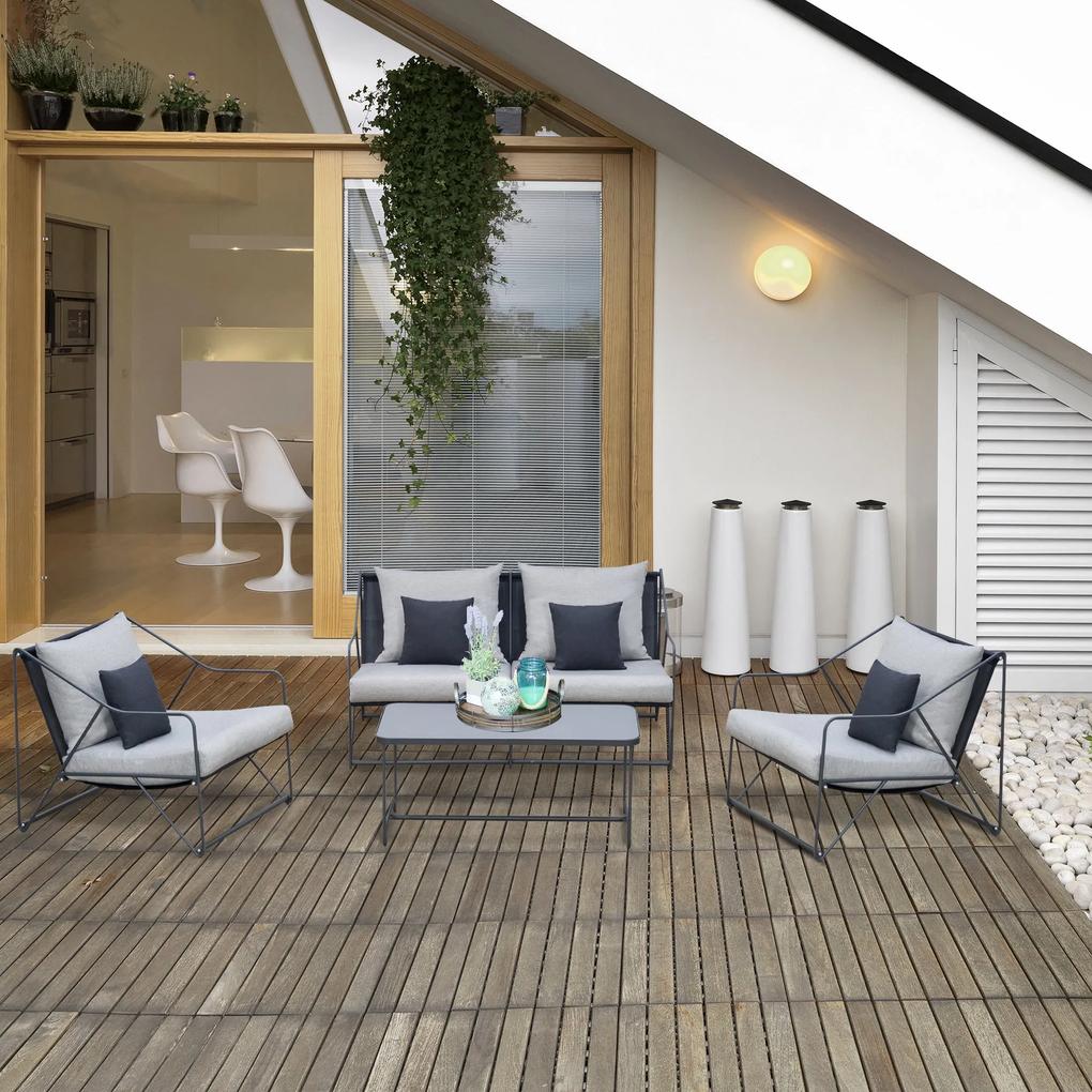 Outsunny Conjunto de Móveis de Jardim, 2 peças: 1 Mesa, 2 Cadeiras 1 Sofá com almofadas Decorativas para terraço e pátio exterior Preto e cinza