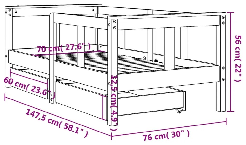 Estrutura de cama infantil c/ gavetas 70x140 cm pinho maciço