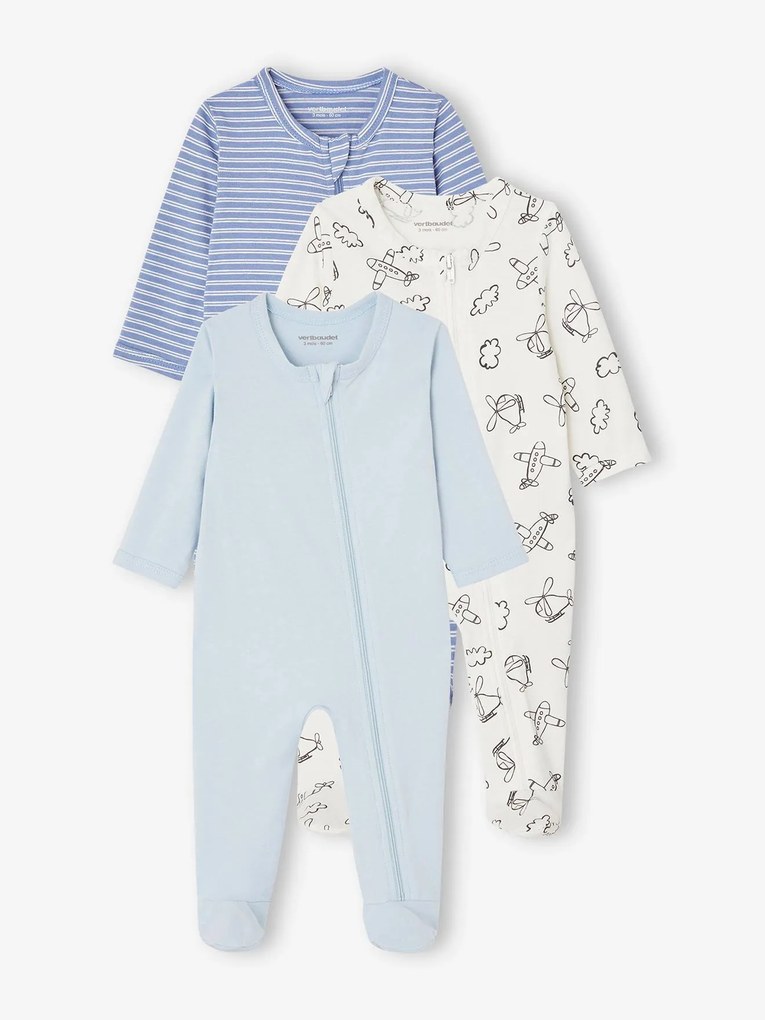 Lote de 3 pijamas em jersey, abertura com fecho, BASICS, para bebé azul-cambraia