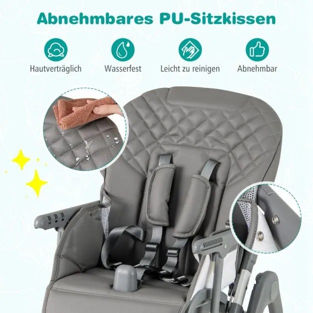 Cadeira refeição alta dobrável para bebés, cadeira infantil com função reclinável e altura ajustável, cinzenta