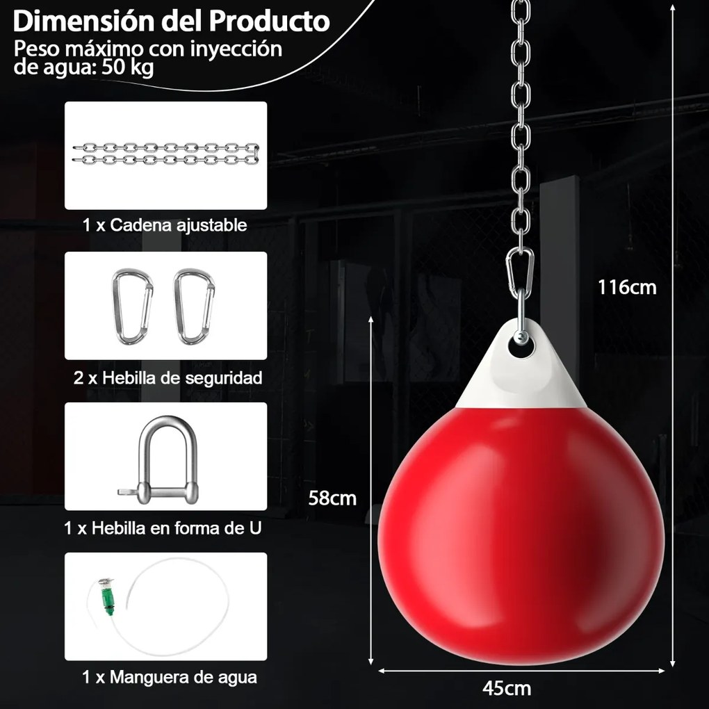 Saco de boxe com água de 45 cm e 50 kg com corrente metálica ajustável, mangueira de injeção de água, soco de boxe para adultos, vermelho e branco