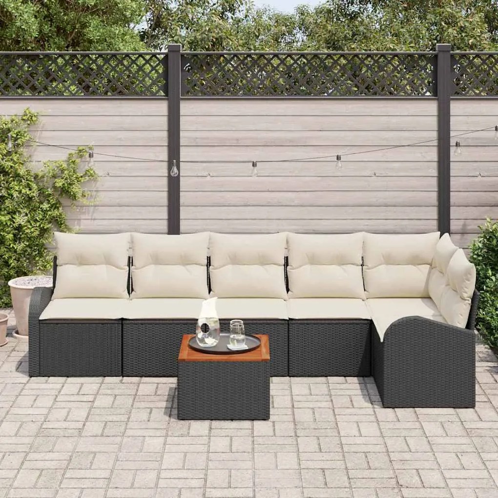 Conjunto de Sofá de Jardim 7 Peças com Almofadas em Rattan Preto Acáci