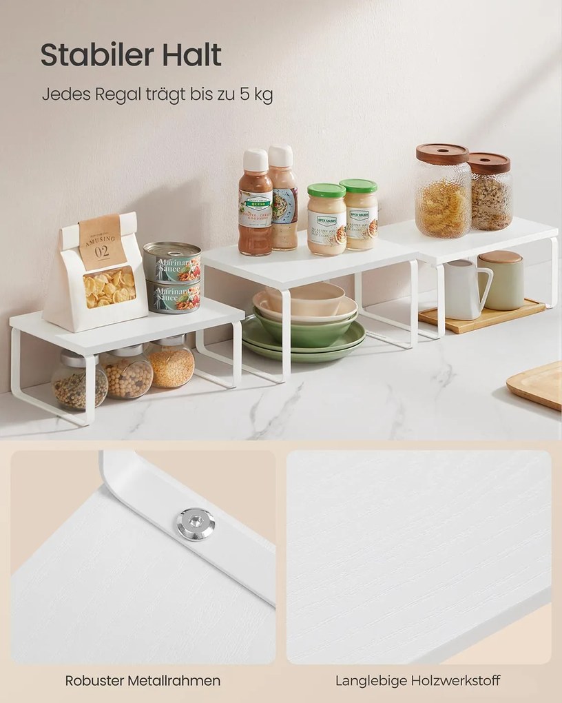 Conjunto de 3 prateleiras cozinha para especiarias empilháveis e expansíveis, branco