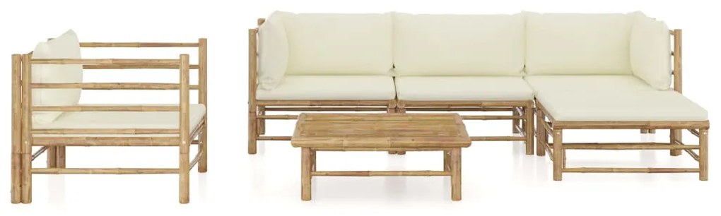 6 pcs conj. lounge p/ jardim em bambu c/ almofadões branco nata