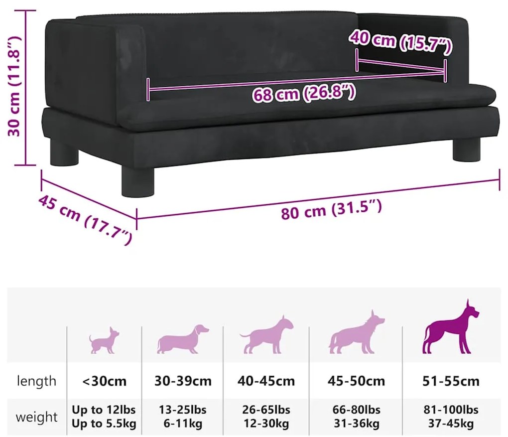 Cama para cães 80x45x30 cm veludo preto