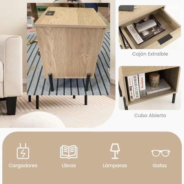 Mesa de cabeceira moderna com 1 tomada e 2 portas USB com gaveta e compartimento aberto Mesa lateral para sala de estar Quarto Natural