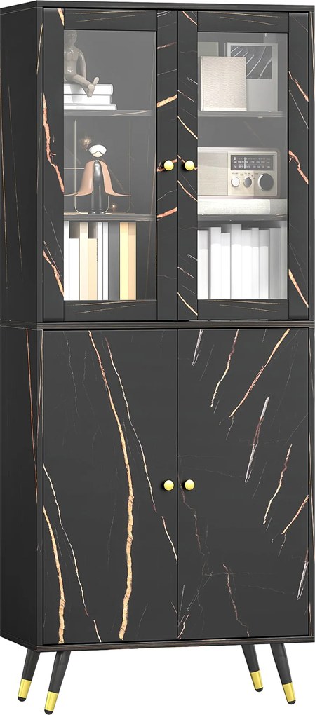 Biblioteca, estante com 6 prateleiras, móvel de arrumação com 6 prateleiras abertas, porta de vidro e armário embutido 70 x 35 x 170 cm, preto