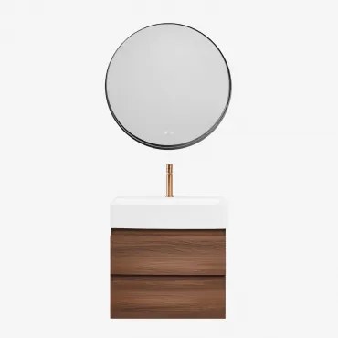 Conjunto De Móvel De Casa De Banho Em Madeira E Chapa De Freixo Com Lavatório Integrado Ona Madeira Escura & Redondo Led - Sklum