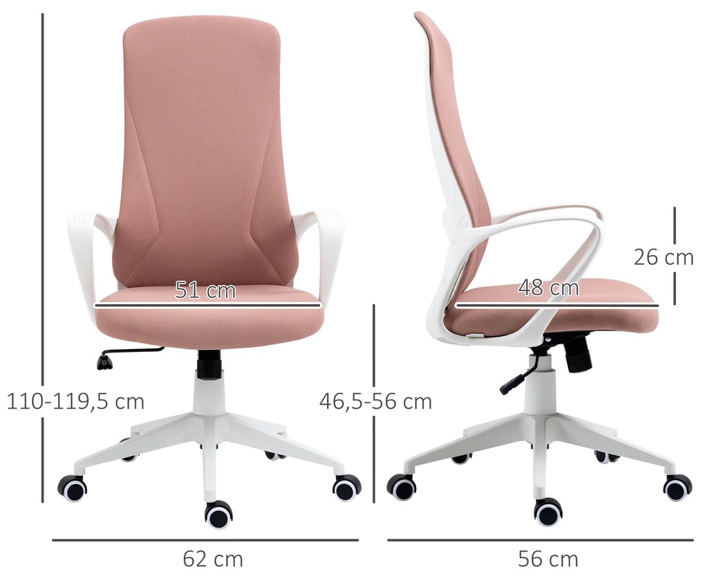 Cadeira de Escritório Ergonómica com Altura Ajustável Função de Inclinação e Encosto Alto 62x56x110-119,5 cm Rosa