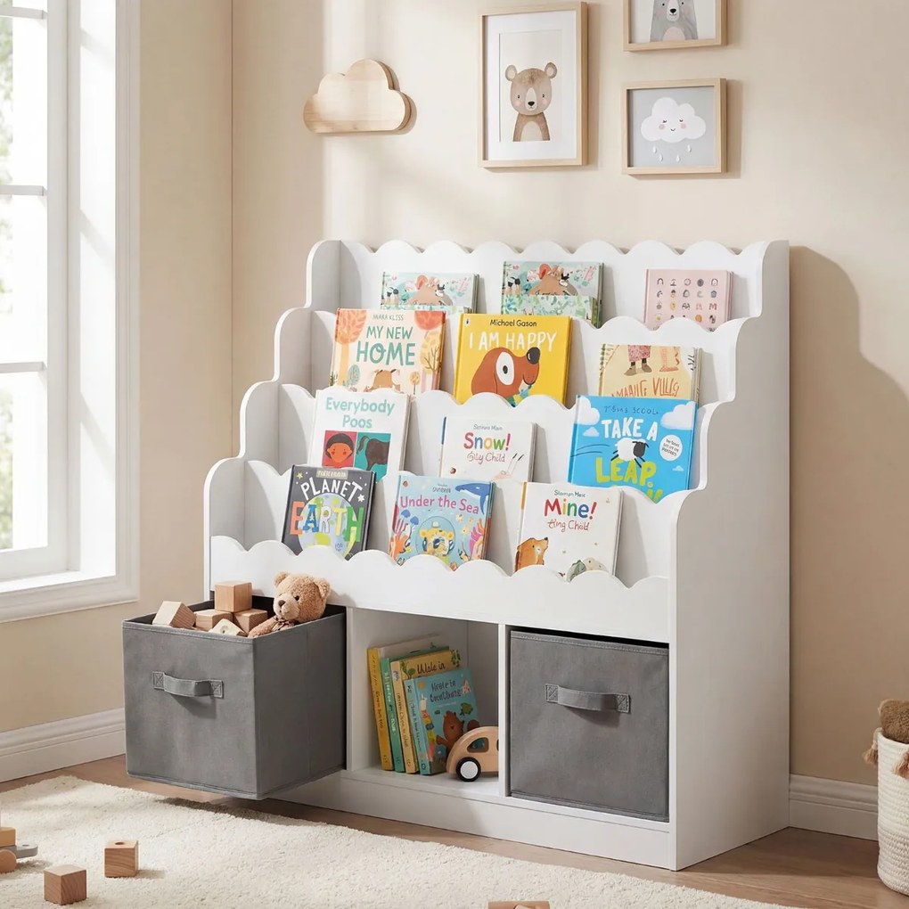Estante infantil com 4 prateleiras, 3 compartimentos e 2 gavetas 90 x 30 x 91,5 cm, com tecido organizador para brinquedos, a partir dos 3 anos, para