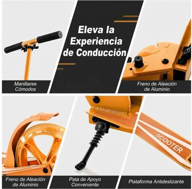 Trotinete para crianças com plataforma de alumínio, guiador ajustável em 3 posições e alça para crianças laranja