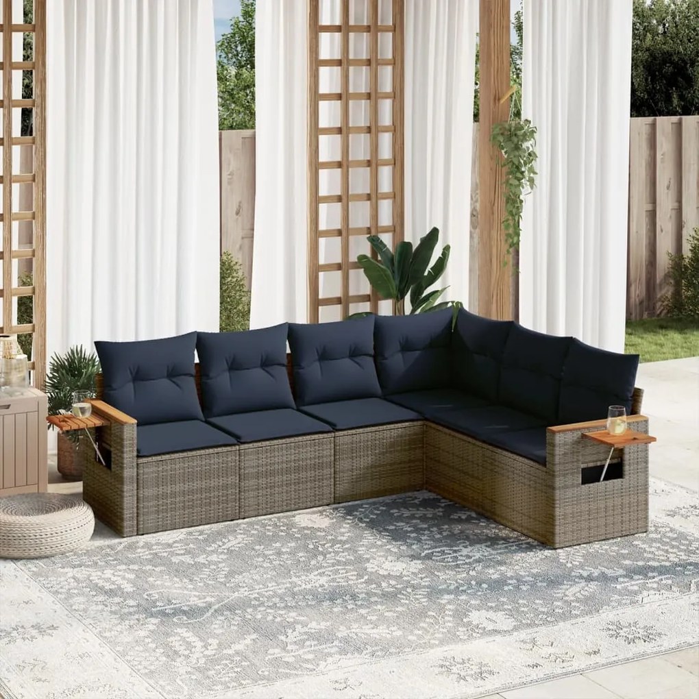 6 pcs conjunto sofás p/ jardim c/ almofadões vime PE cinzento