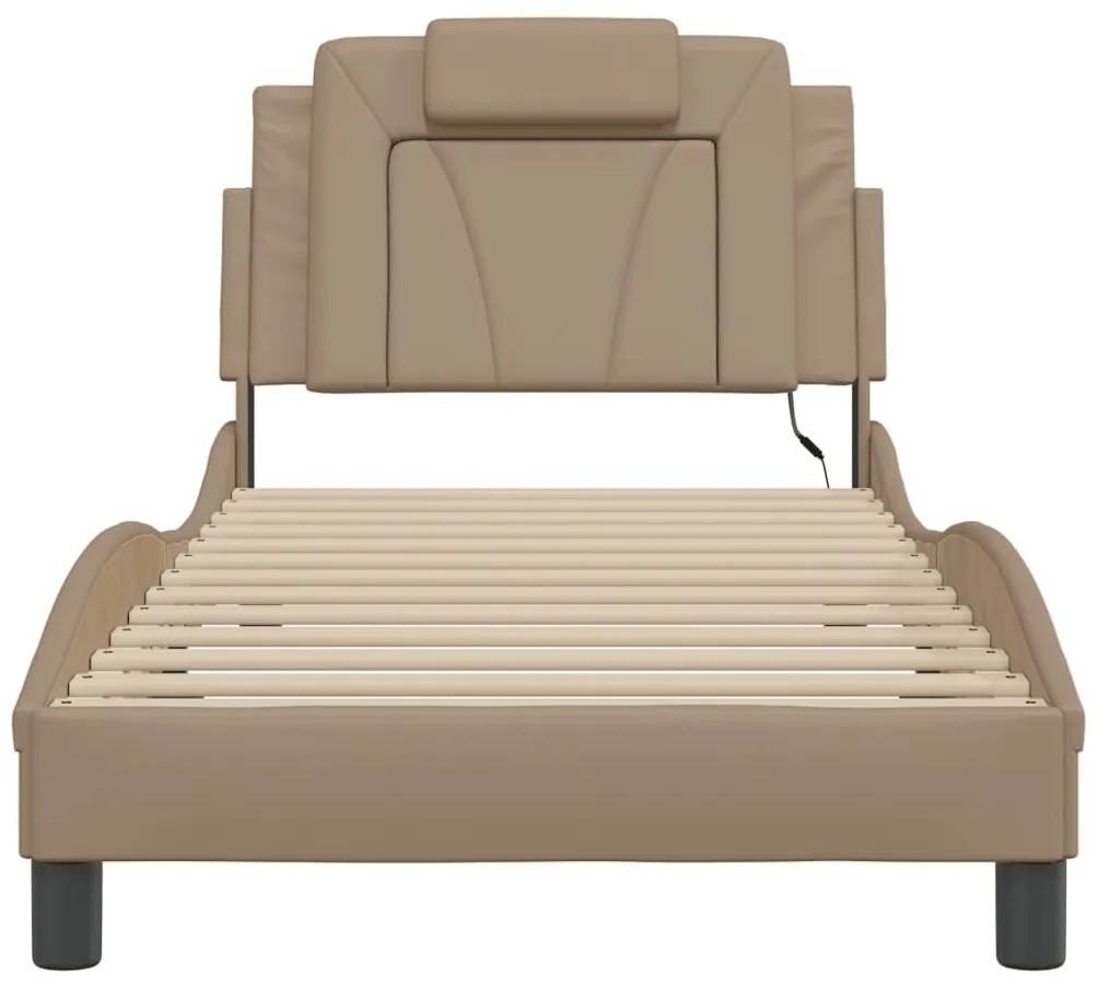 Estrutura cama c/ luzes LED 90x190 cm couro artif. cappuccino