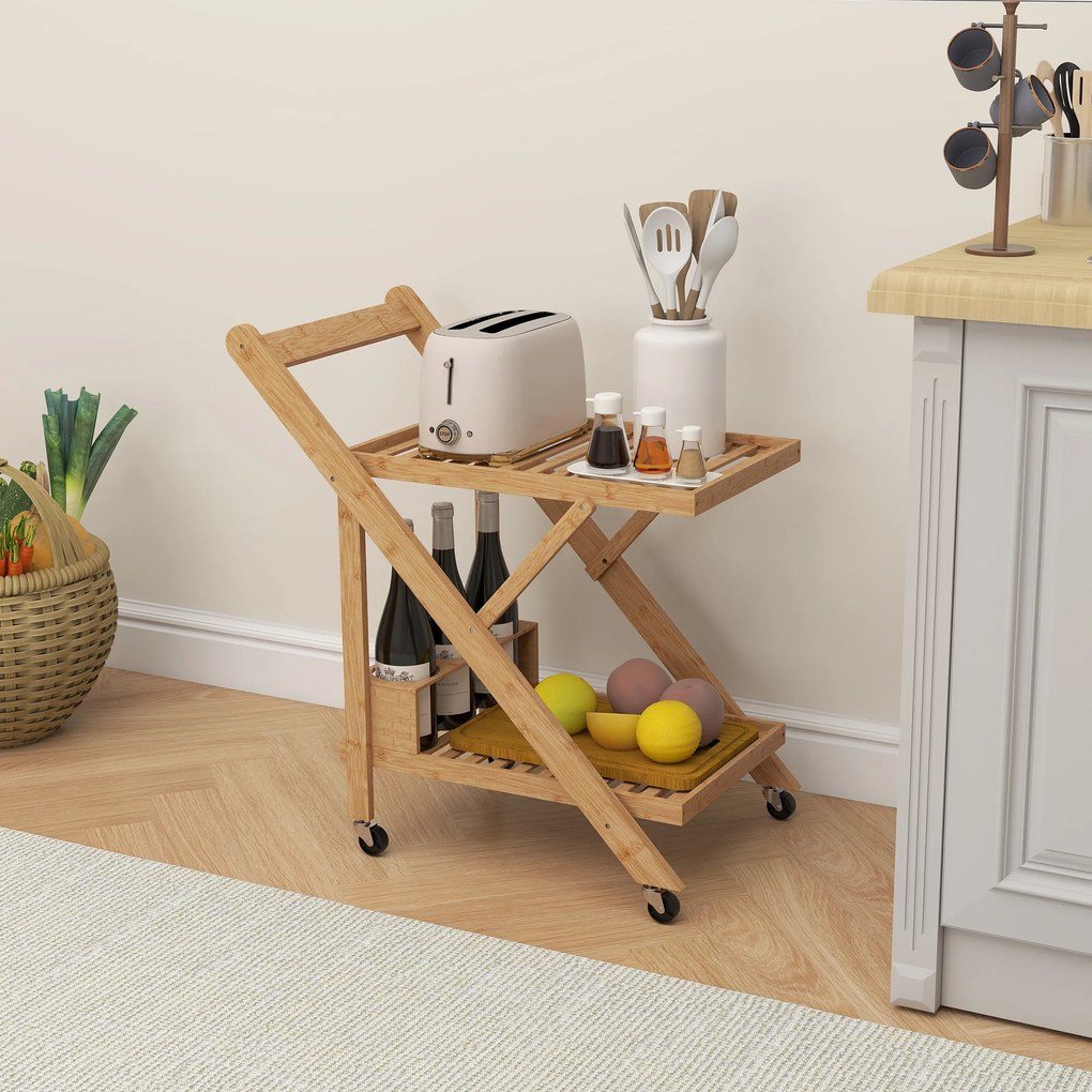 Carro de serviço de cozinha em bambu  66 x 40 x 70 cm, dobrável, com 2 tabuleiros, 4 rodas e 3 compartimentos para garrafas de vinho,, madeira natural