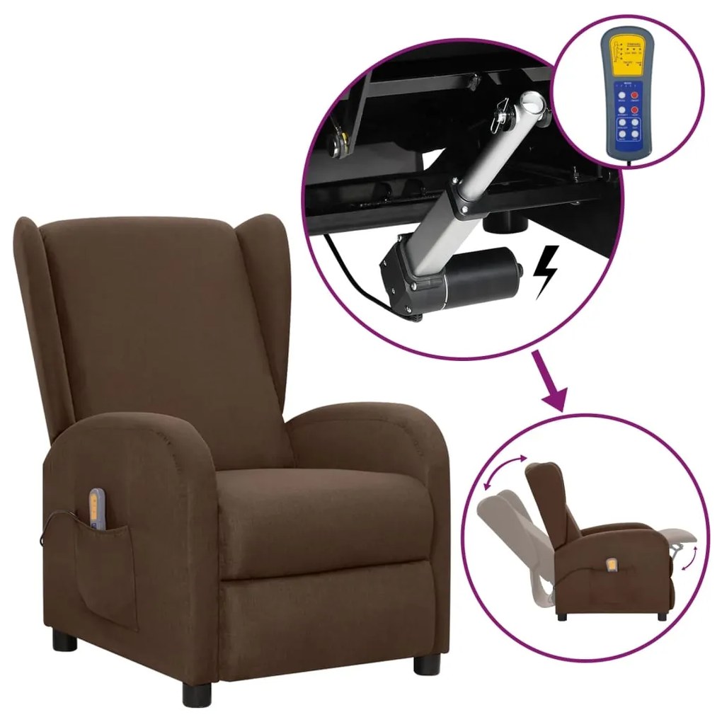 vidaXL Poltrona elevatória de massagens tecido castanho