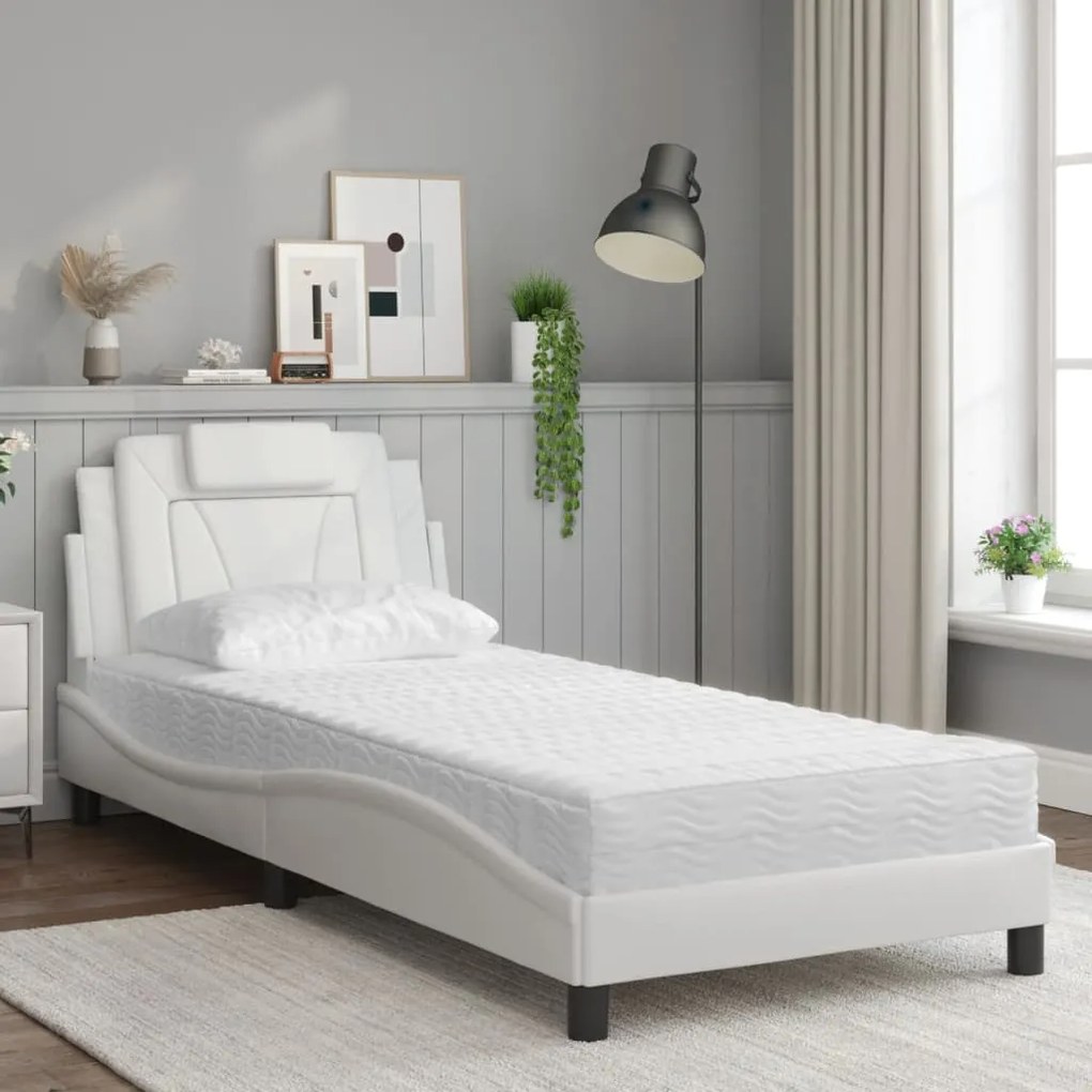 Cama com colchão 90x190 cm couro artificial branco