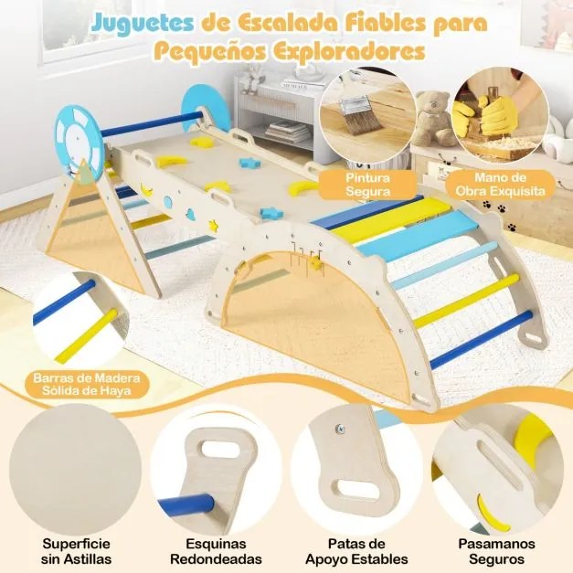 Conjunto triangular 8 em 1 de escalada para bebés com rampa, escada e arco de escalada Montessori de madeira Macaron