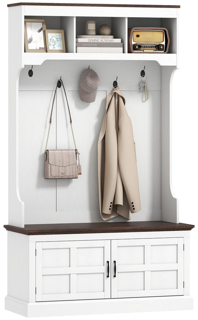 Móvel Cabide de Entrada com Banco Sapateira 5 Ganchos 3 Prateleiras Armário e Compartimentos Estilo Rústico 105x40x180 cm Branco