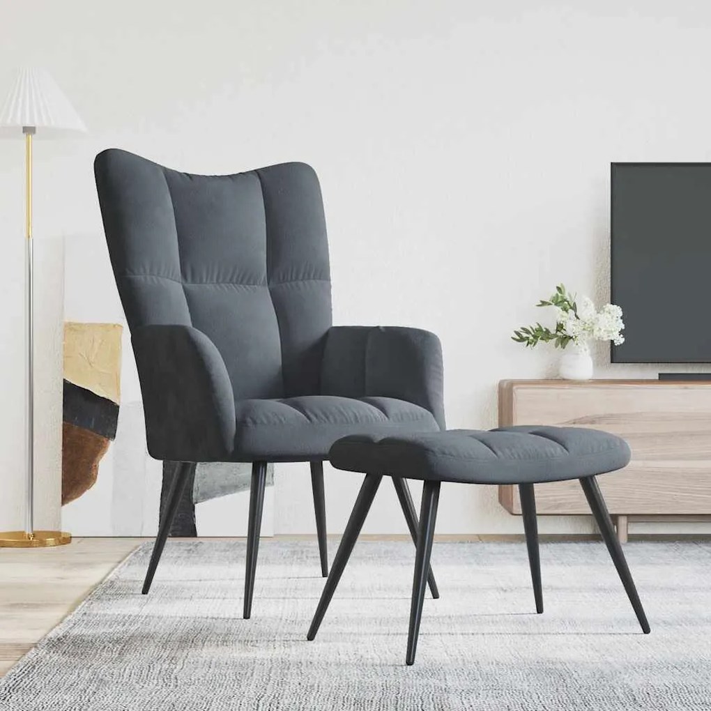 vidaXL Cadeira de descanso com banco veludo cinzento-escuro