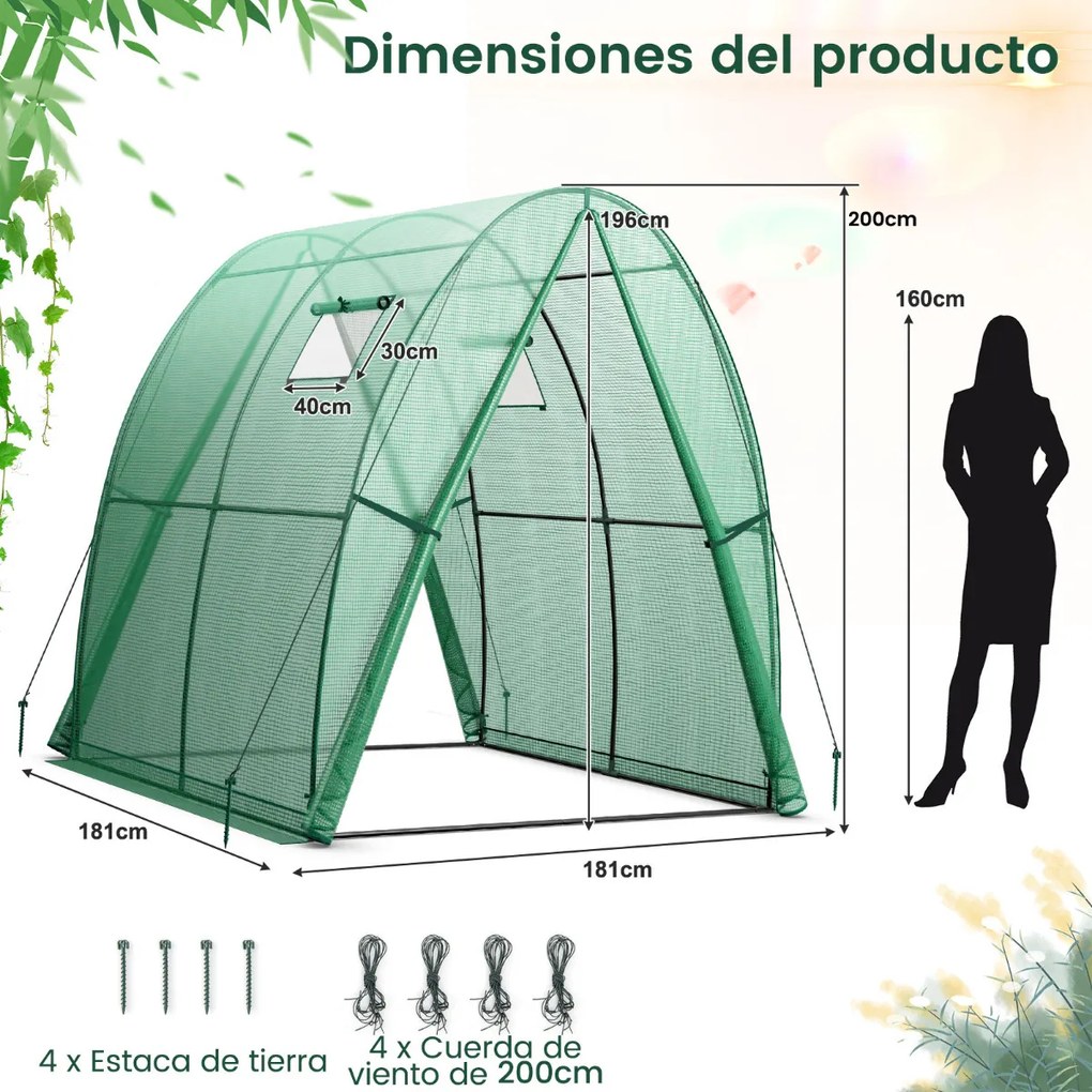 Estufa agrícola para exterior com 2 portas com fecho de correr, 2 janelas enroláveis e bolsas laterais 181 x 181 x 200 cm Verde