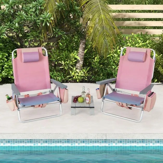 Conjunto de 2 cadeiras reclináveis de exterior com estrutura de alumínio e mesa de jardim, piscina campismo, praia dobraveis Rosa
