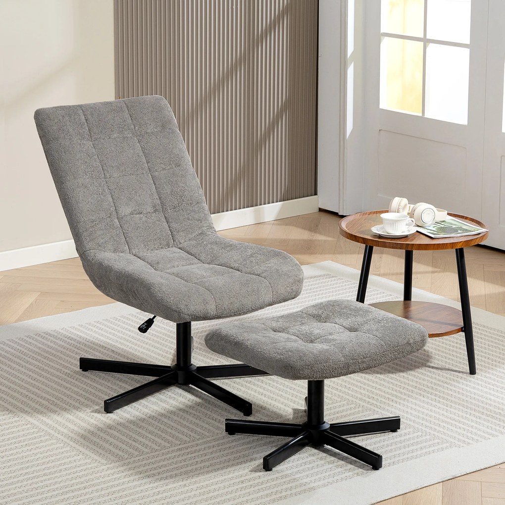 Poltrona de sala com apoio para os pés, cadeira giratória, altura ajustável, encosto reclinável, 66 x 80 x 93-104 cm, cinzenta