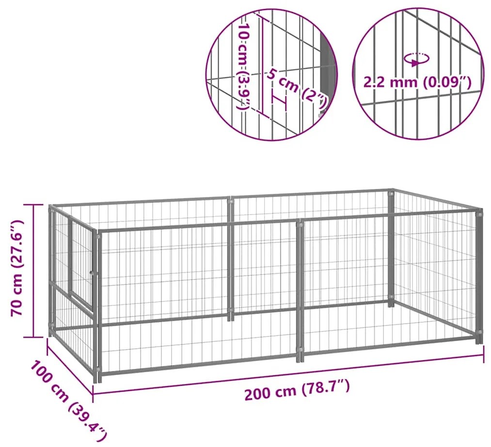 Canil para cães 200x100x70 cm aço prateado