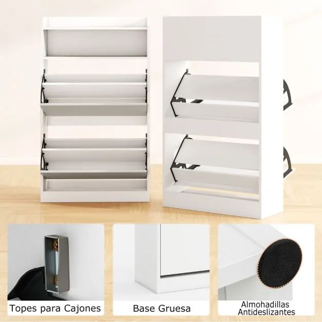 Sapateira 60 x 24 x 102 cm com 2 gavetas rebatíveis e espaço de arrumação aberto para corredor ou sala de estar Branco