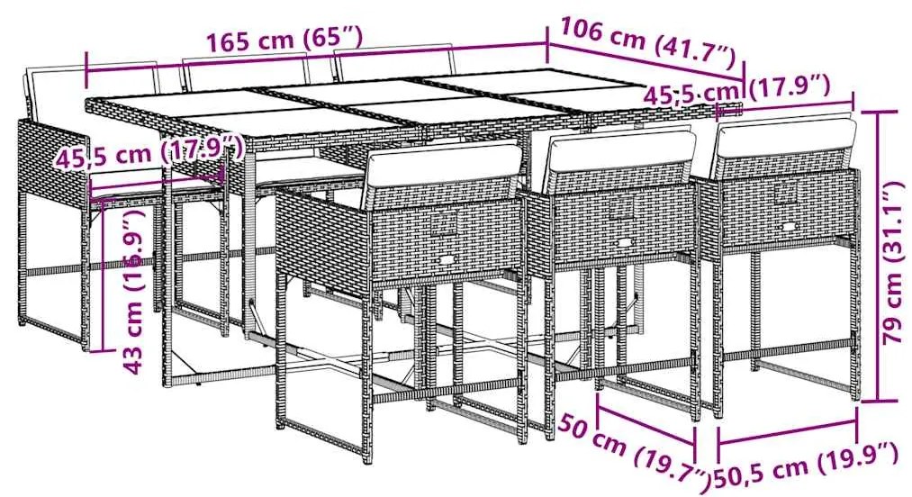 7 pcs conjunto de jantar p/ jardim c/ almofadões vime PE cinza