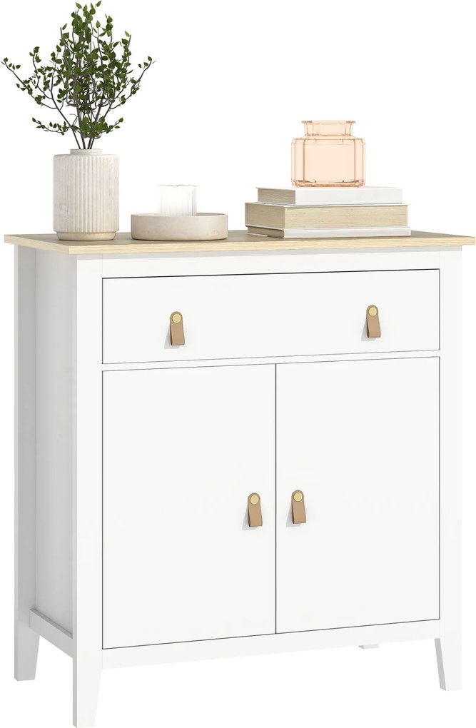 Aparador Sala de Estar Moderno com Gaveta Prateleira Ajustável e Puxadores em PU 80x40x90 cm Branco e Madeira