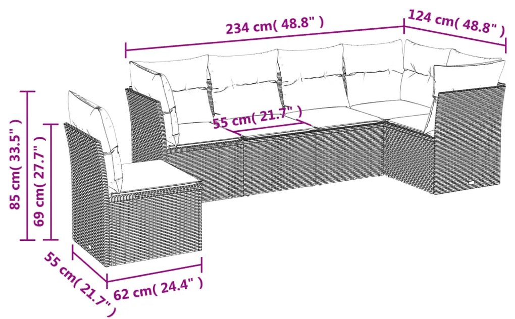 6 pcs conjunto sofás de jardim c/ almofadões vime PE preto