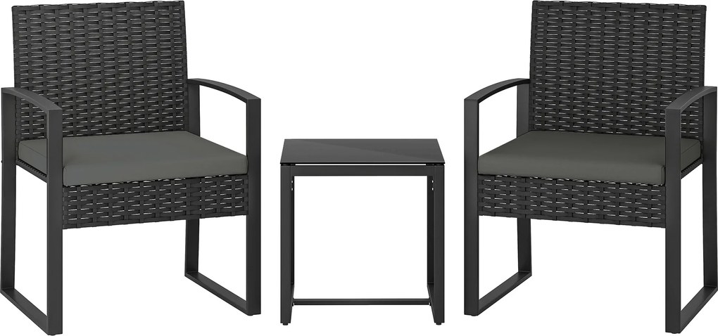 Outsunny Conjunto bistrô em rattan, conjunto de móveis de jardim 3 peças com 2 cadeiras de jardim, mesa de centro, almofadas removíveis Cinza escuro | Aosom Portugal