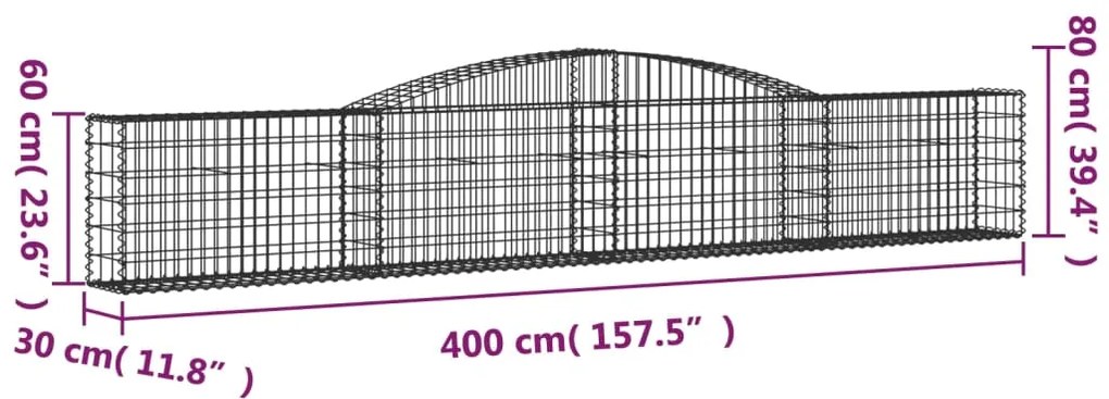 Cestos gabião arqueados 3 pcs 400x30x60/80 cm ferro galvanizado