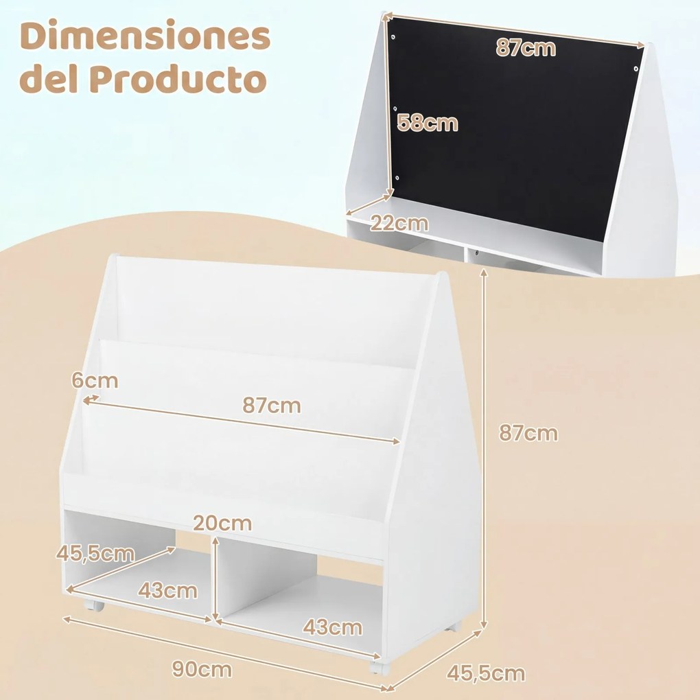 Estante Infantil Móvel, 90 x 45,5 x 87 cm, Quadro de Ardósia Integrado, Branco