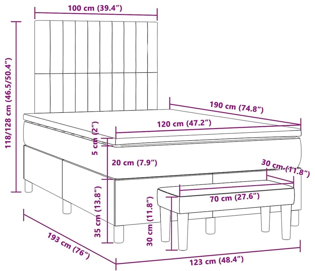 Cama boxspring com colchão 120x190 cm tecido azul