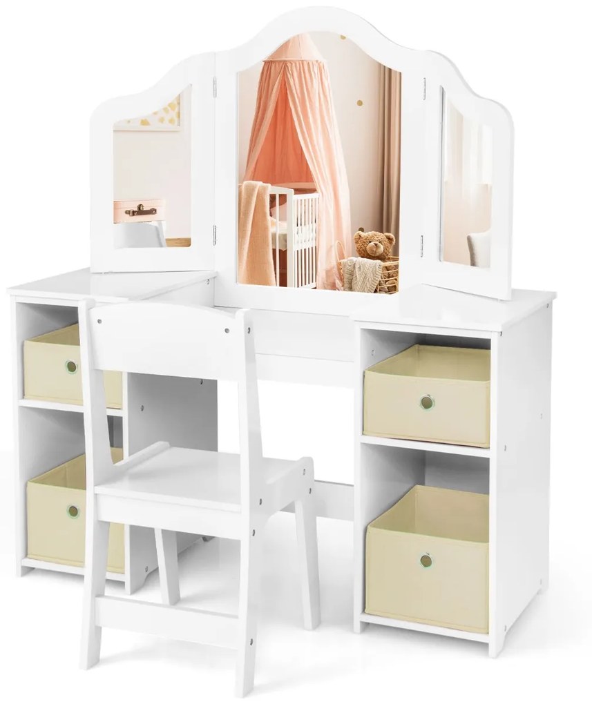 Conjunto de 2 em 1 Toucador e Cadeira de Maquilhagem 104 x 40 x 117 cm para Crianças 3+ Anos com 3 Espelhos Amovíveis 4 caixas armazemento Branco