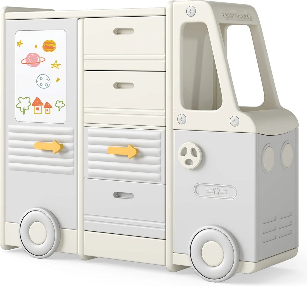 Estante para brinquedos em forma de autocarro para crianças com quadro branco, 4 gavetas e armários, 111 x 34 x 94 cm Bege + Cinza