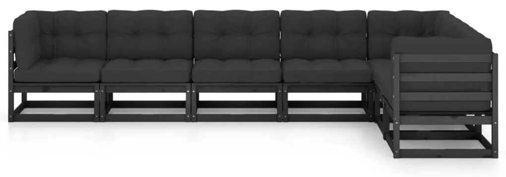7pcs conjunto longue de jardim c/ almofadões pinho maciço preto