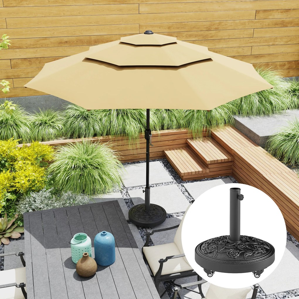 Base para guarda-sol, pedestal exterior em resina de 21 kg, para mastros com Ø 32/38/48 mm, com rodas, Ø 49 x 42 cm, preto