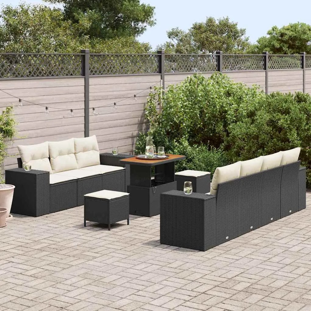 Conjunto de Sofá de Jardim de 10 Peças com Almofadas Preto Rattan Acác
