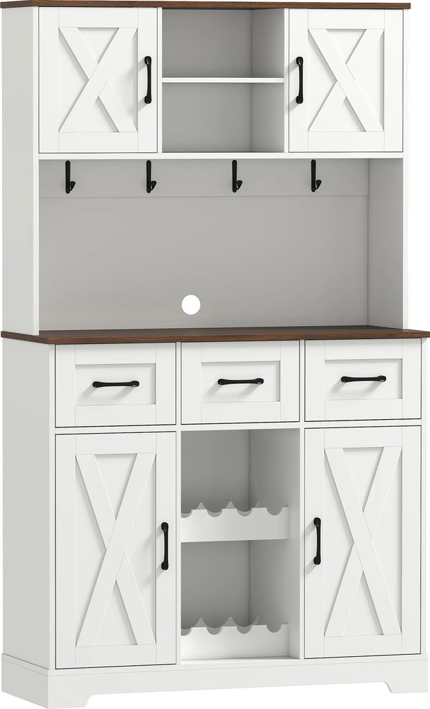 Amário de Cozinha Alto com Suporte para 8 Garrafas 4 Portas 3 Gavetas Prateleiras Abertas100x38x172 cm Branco