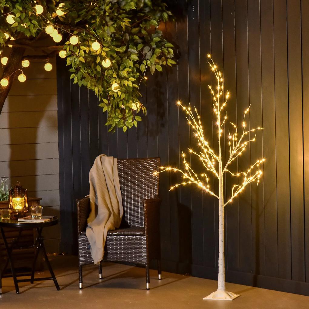 Outsunny Árvore de Bétula 150cm de Altura com 210 Luzes LED em Branco Quente Ramos Flexíveis e Base para Decoração de Festas Aniversários