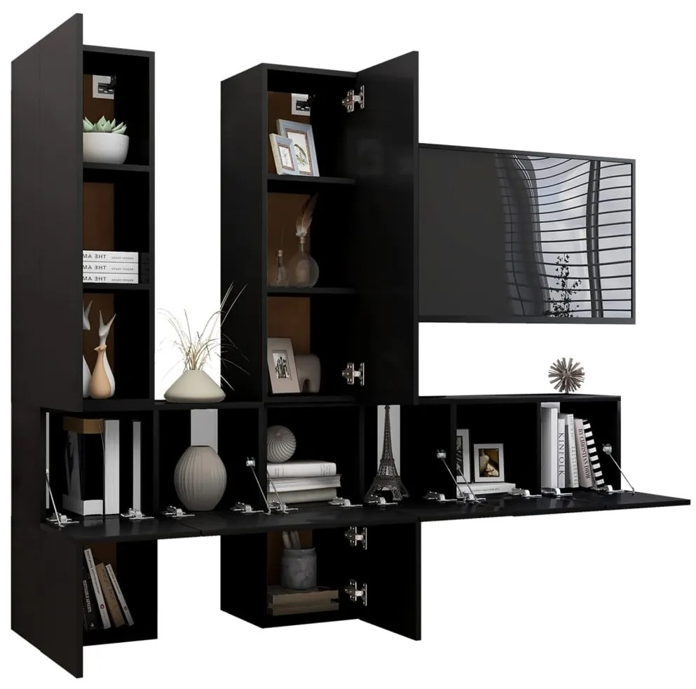 7 pcs conjunto de móveis de TV derivados de madeira preto