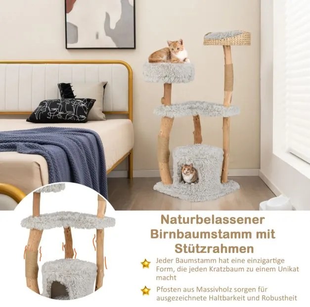 Arranhador Gatos de 124 cm de altura feito de madeira com caverna para gatos, superfície de assento em pelúcia cinzento