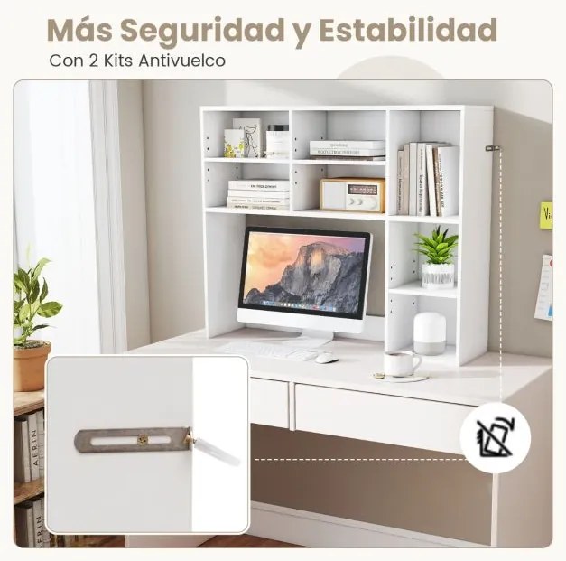 Estante de secretária 94 x 25 x 79 cm com 3 prateleiras ajustáveis e compartimento aberto para monitores até 27" para casa e escritório Branco