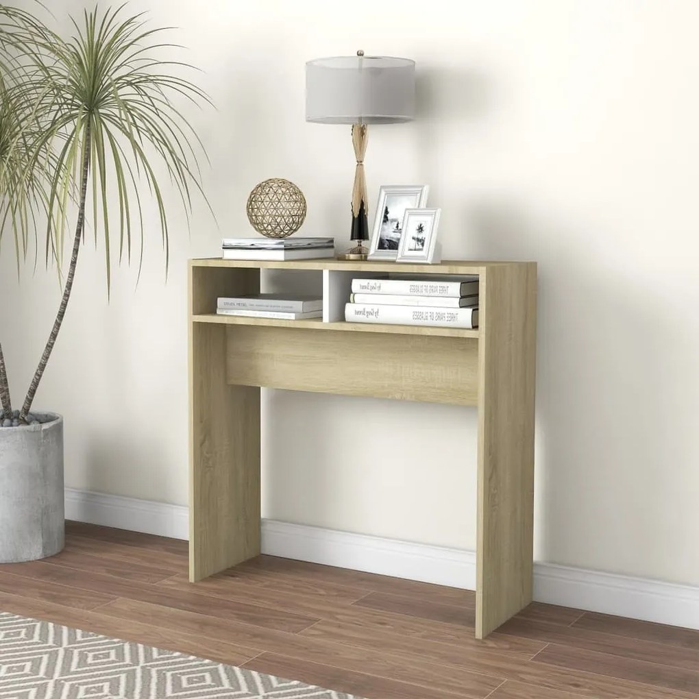 vidaXL Mesa consola 78x30x80 cm contraplacado branco/carvalho sonoma