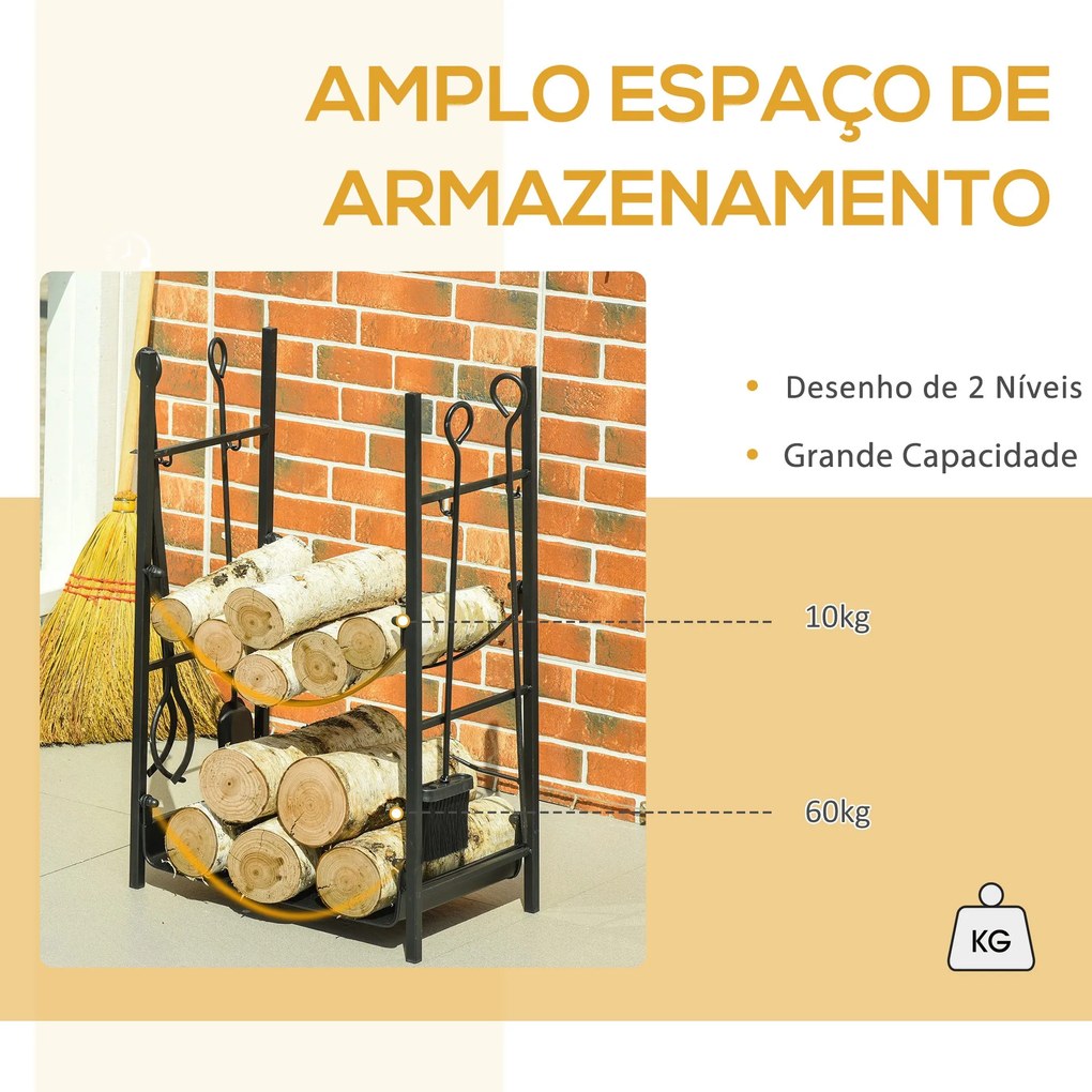 Outsunny Suporte para Lenha de 2 Níveis Porta Lenha Exterior e Interio