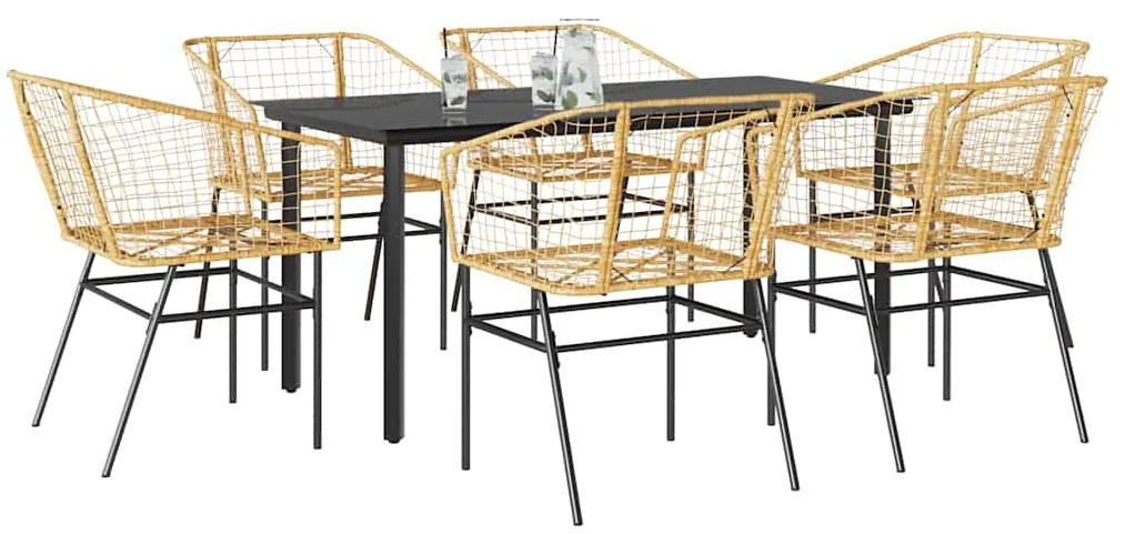 Conjunto jantar jardim 7 peças vidro vime PE castanho