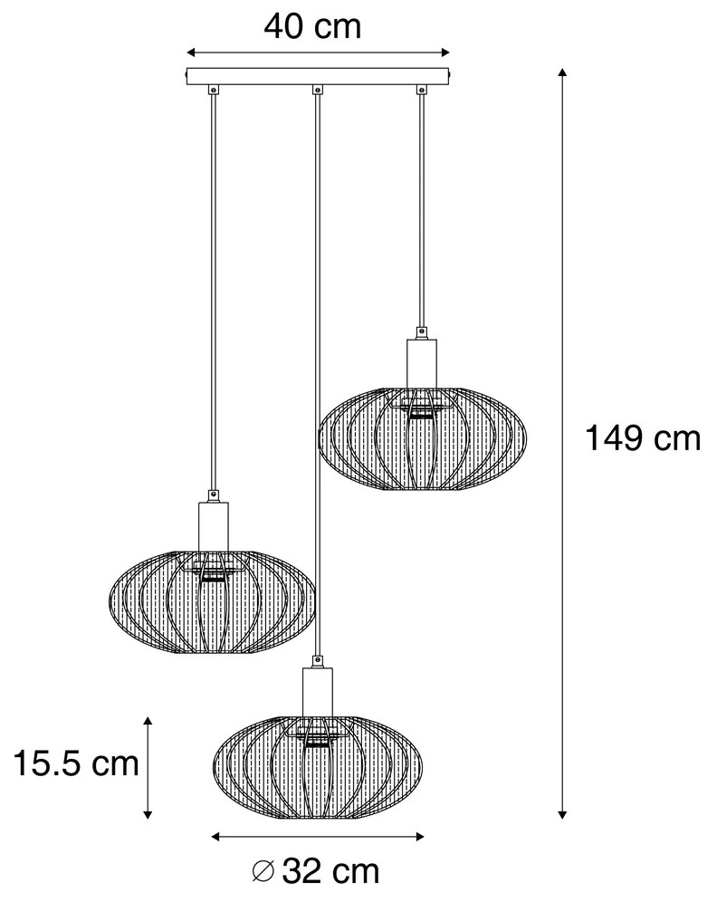 Candeeiro suspenso Japandi preto com abajur de tecido castanho 3-luzes - Bida Japandi