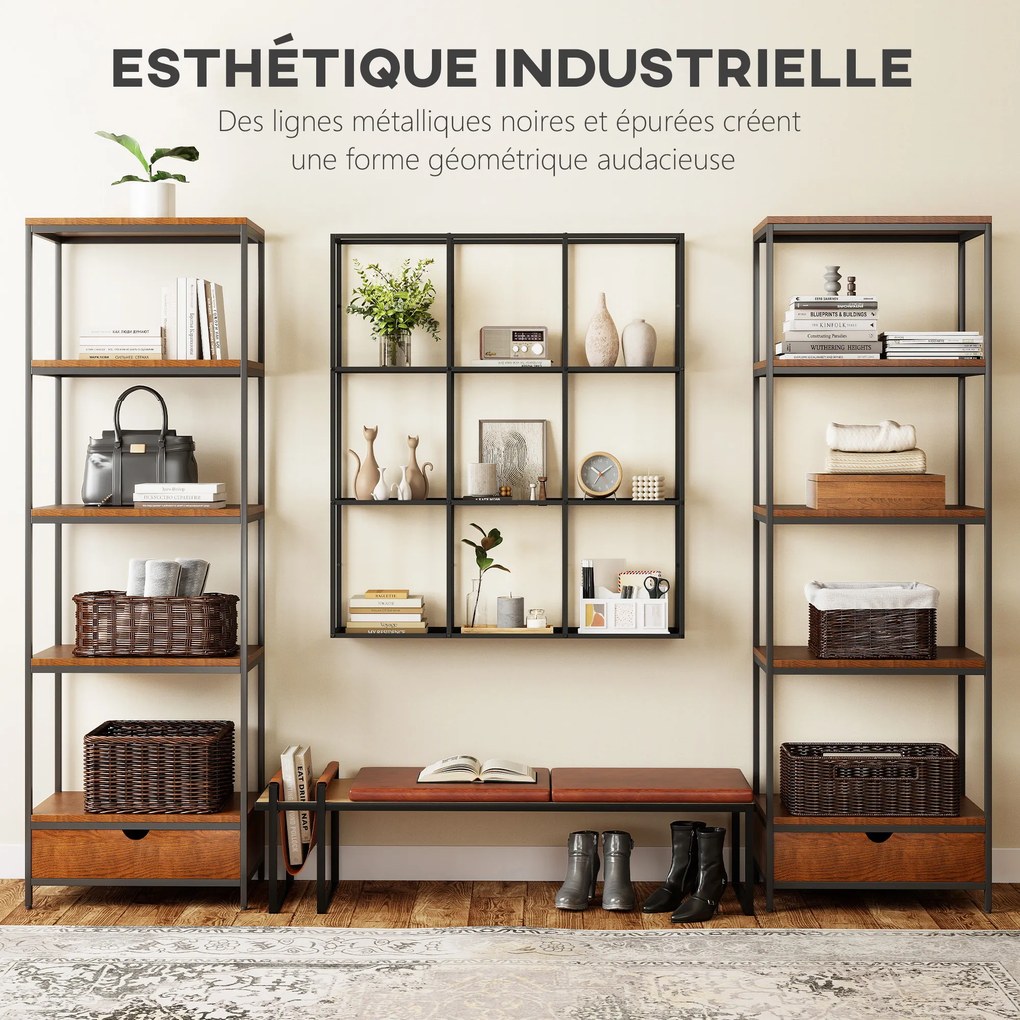 Prateleira de parede industrial com 9 compartimentos 87,5 x 18 x 100 cm, prateleira modular em metal para objetos de coleção, preta